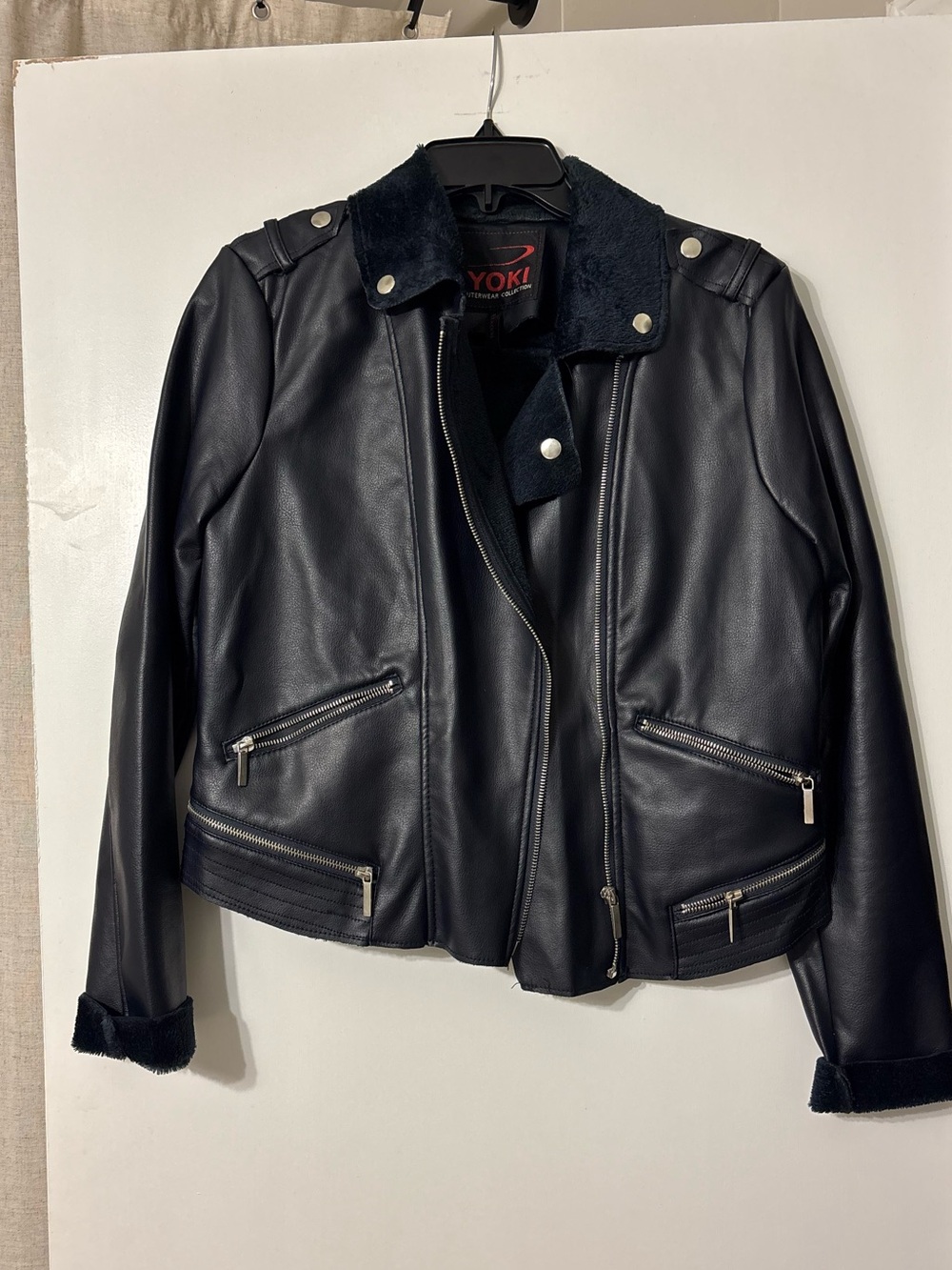 Yoki Black Faux Leather Moto Jacket with Shearling Trim